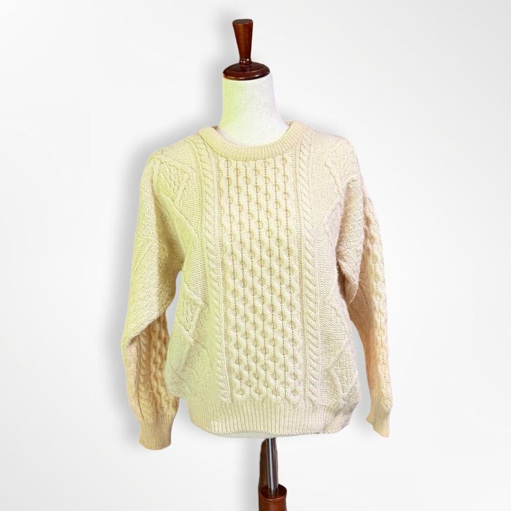 Irish Homecraft, Ivory 100% Oiled Wool Aran Fisherman Sweater, M Vintage Autumn